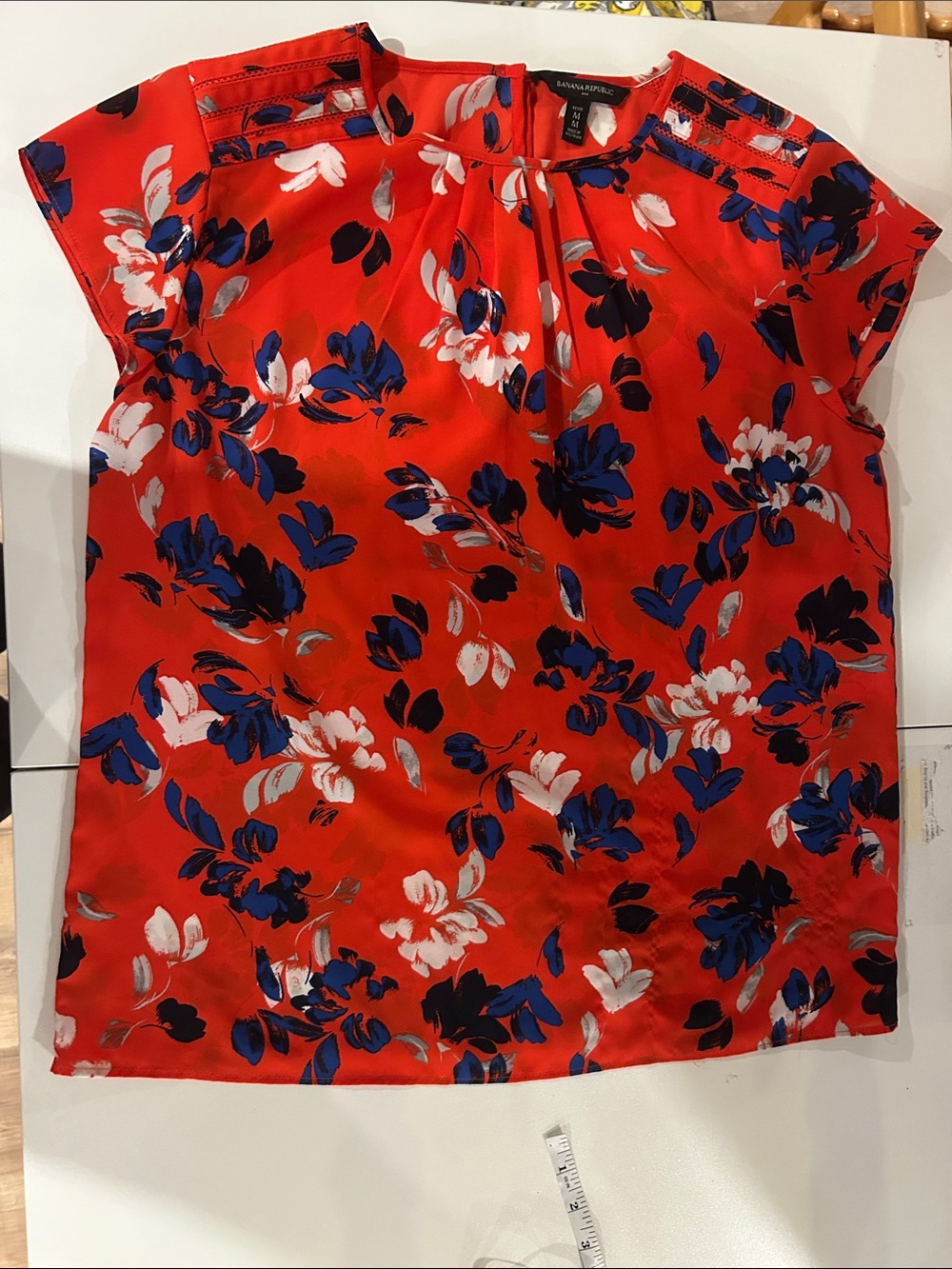 Banana Republic Red Floral Cap-Sleeve Blouse with Blue and White Accents